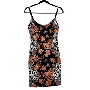Guess Women's Black Orange Floral Leopard Print Sheath‎ Dress Size M
